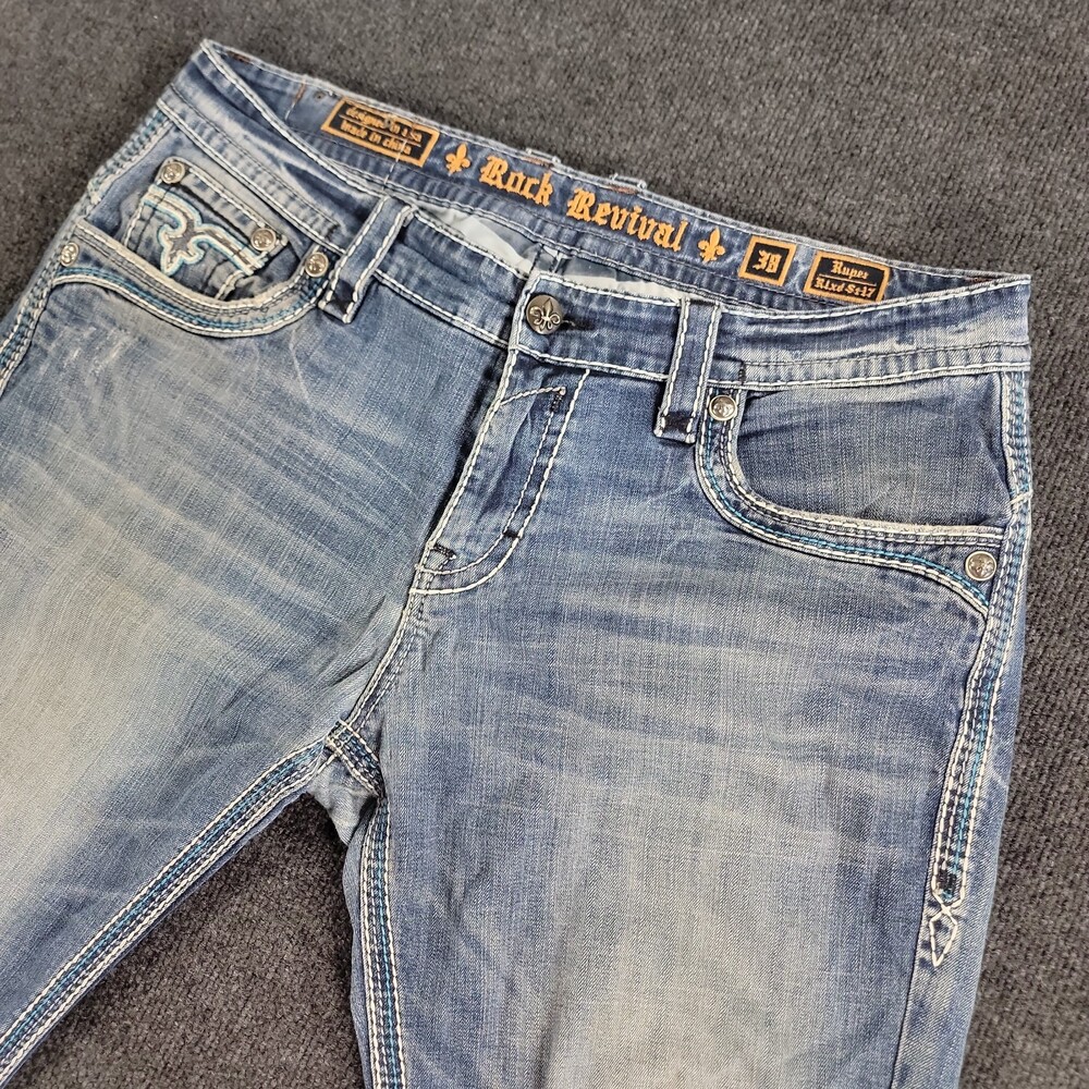 Rock Revival Ruper Jeans Mens 38x30 Blue Distressed Relax Straight Embroidered